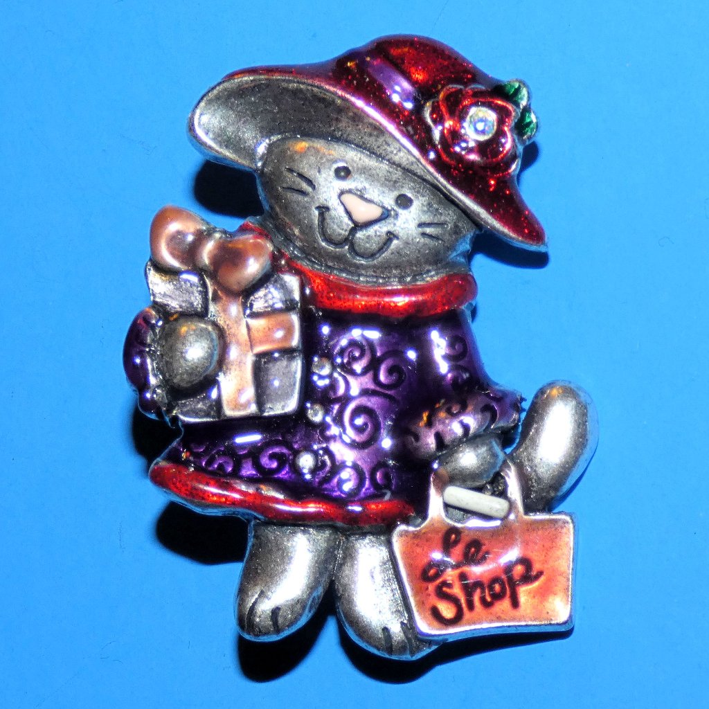 Vintage Signed Ajmc Cat Shopping Brooch Pin Le Shop Gift Red Hat Purple Enamel 15$